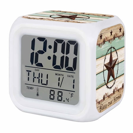 Western Texas Star Green Digital Alarm Clock for Bedrooms,Smart LED Alarm Clock with 7 Color Night Light,Farmhouse Brown Country Vintage Silent Wake Up Clocks for Sleep Study Cooking 3.2x3.2