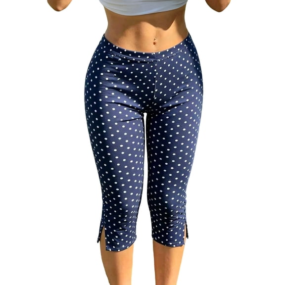 Levmjia Women's Polka Dot Capri Pants High Waisted Side Slit Casual Stretch Pencil Pants Vintage Print Culottes for Summer Daily Wear