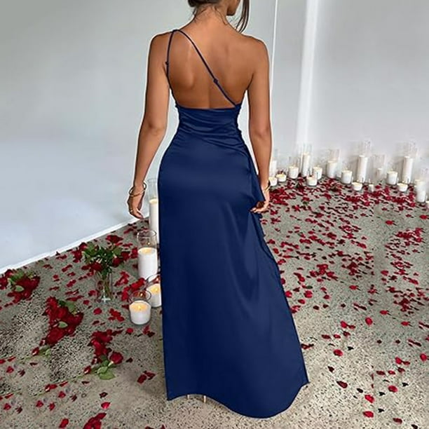 XUELUO Summer Dresses For Women Satin Solid Color Sexy One Shoulder  Sleeveless A Line Slim High Split Wedding Party Maxi Dress Streetwear,Blue,L  - Walmart Business Supplies