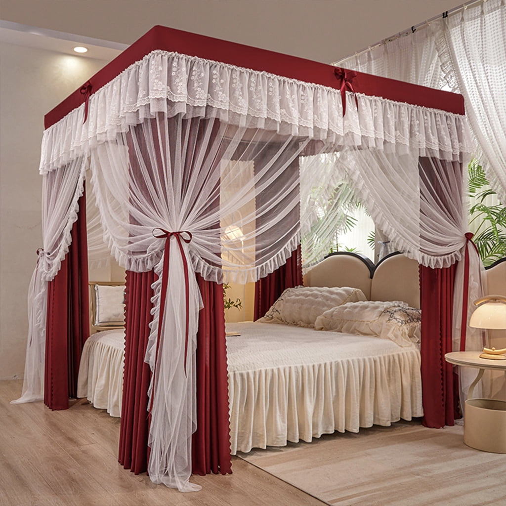 4 Corners Post Solid Color Bed Canopy Curtain Double Layer-Curtain & Ruffle Princess Mosquito Net 4 Opening Netting for Girls Teens Or Adults Bedroom Decoration, Wine Red, Queen