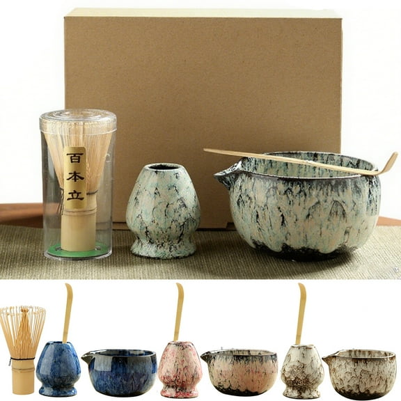 4-Piece Matcha Tea Set Safe Bamboo Whisk Kit and Ceramic Bowl with Spout for Matcha Lover and Beginner