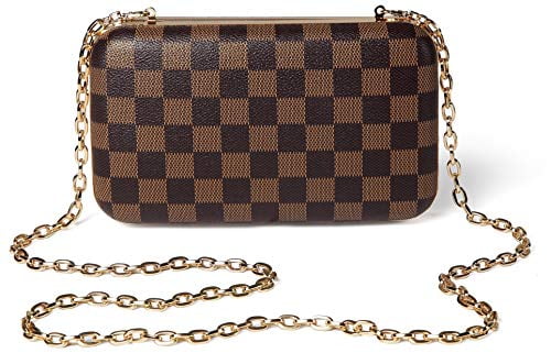 Daisy Rose Checkered Minaudiere Evening Bag - RFID Blocking Cross body Clutch -PU Vegan Leather (BROWN)