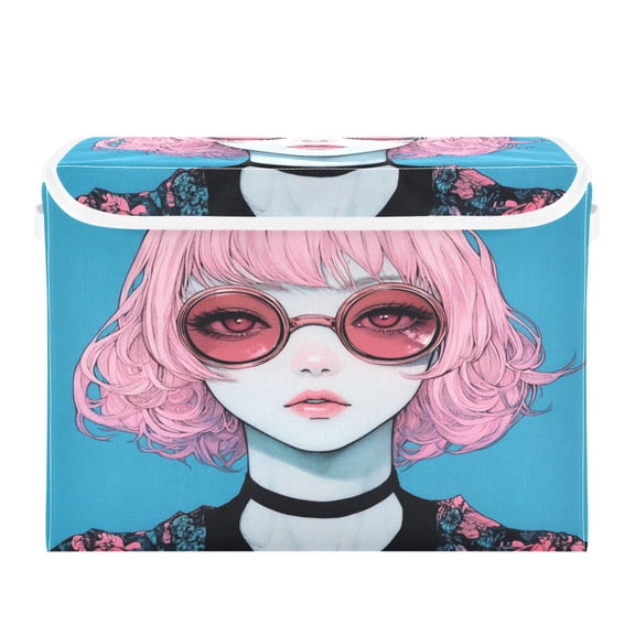 WOBOGO Pink Hair Lass Large Collapsible Storage Box Flip Lid Fabric Decorative Organizer Container Basket with Handles 16.5×12.6×11.8in