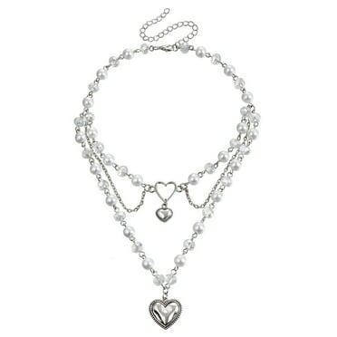 XISAOK Love Pendant Necklace Vintage Multilayer Pearls Heart Clavicle Chain Jewelry