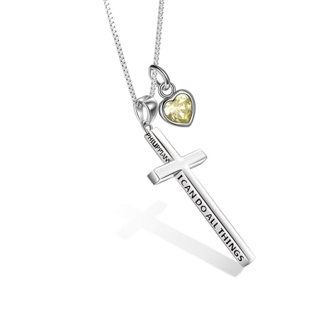 MYSTICPOEM Cross Necklace for Women Sterling Silver August Birthstone Philippians 4:13 I Can Do All Things Necklace Mothers Day Gifts for Men Birthday 20+2'' (silver-08 August)