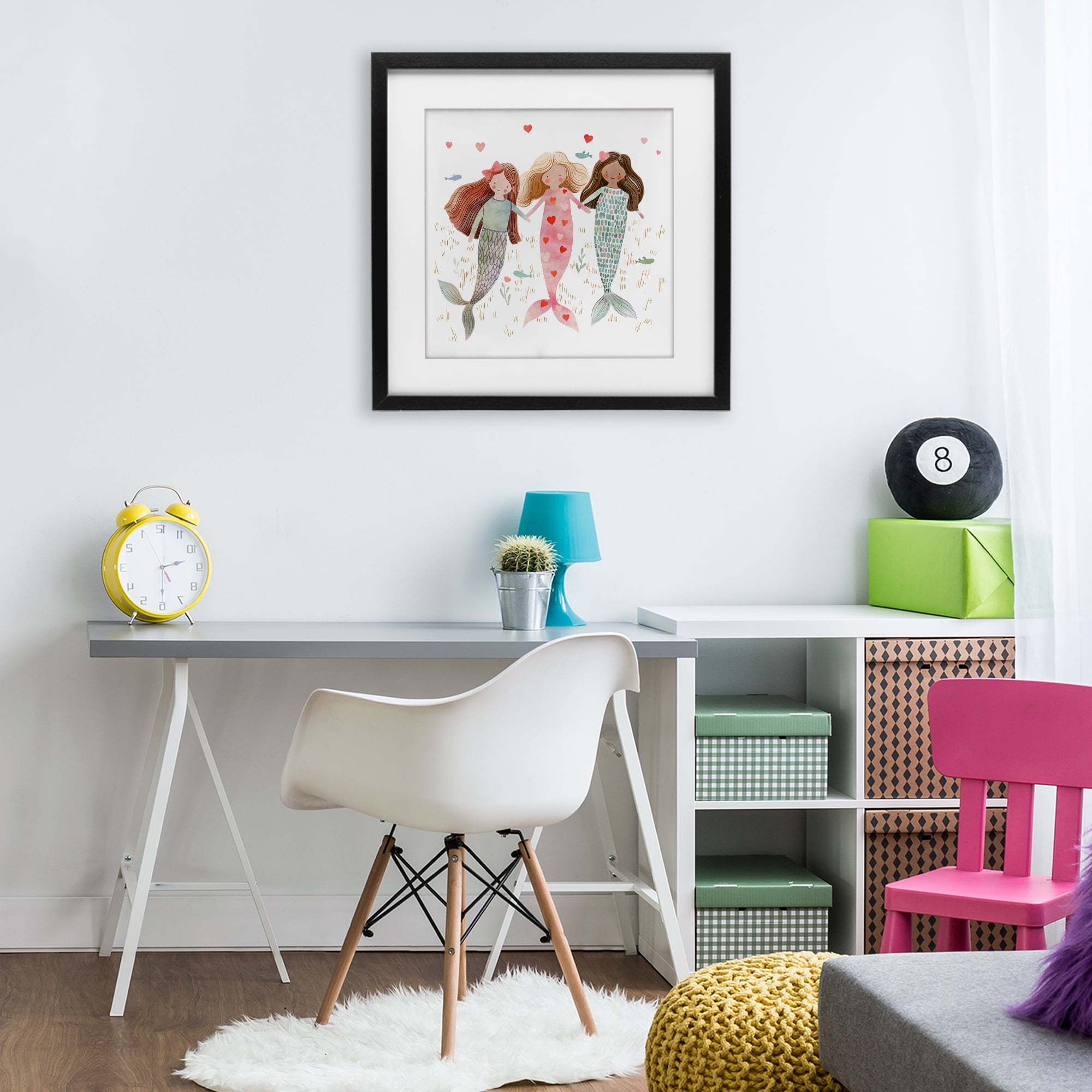 Trio of Mermaids Friendship Black Framed Print Under Glass, design by Leah Straatsma