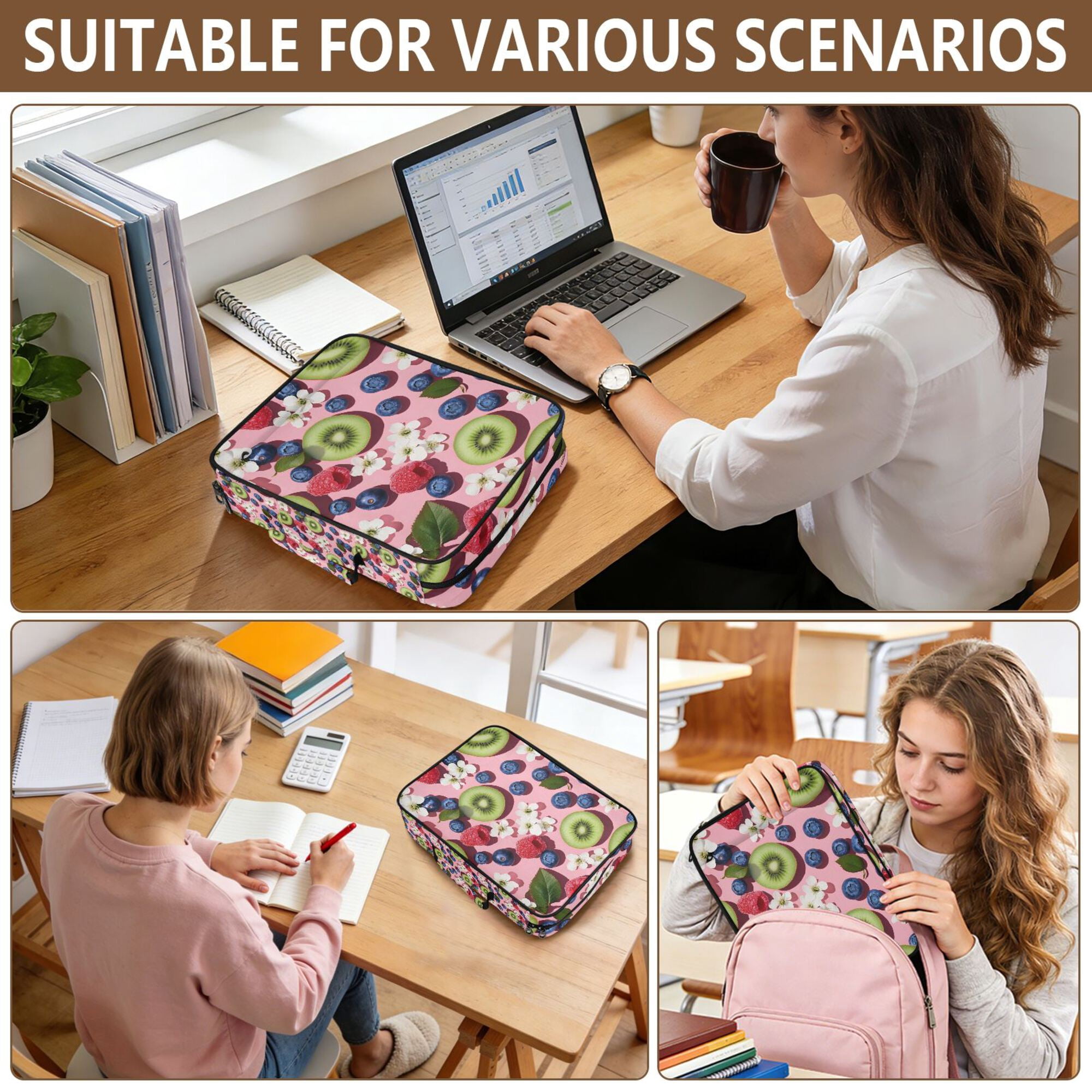 FORMRS Accordion File Folder A4 Size 7-Pocket Expanding Document Organizer Bag with 3 Ring Binder, Pink Kiwi