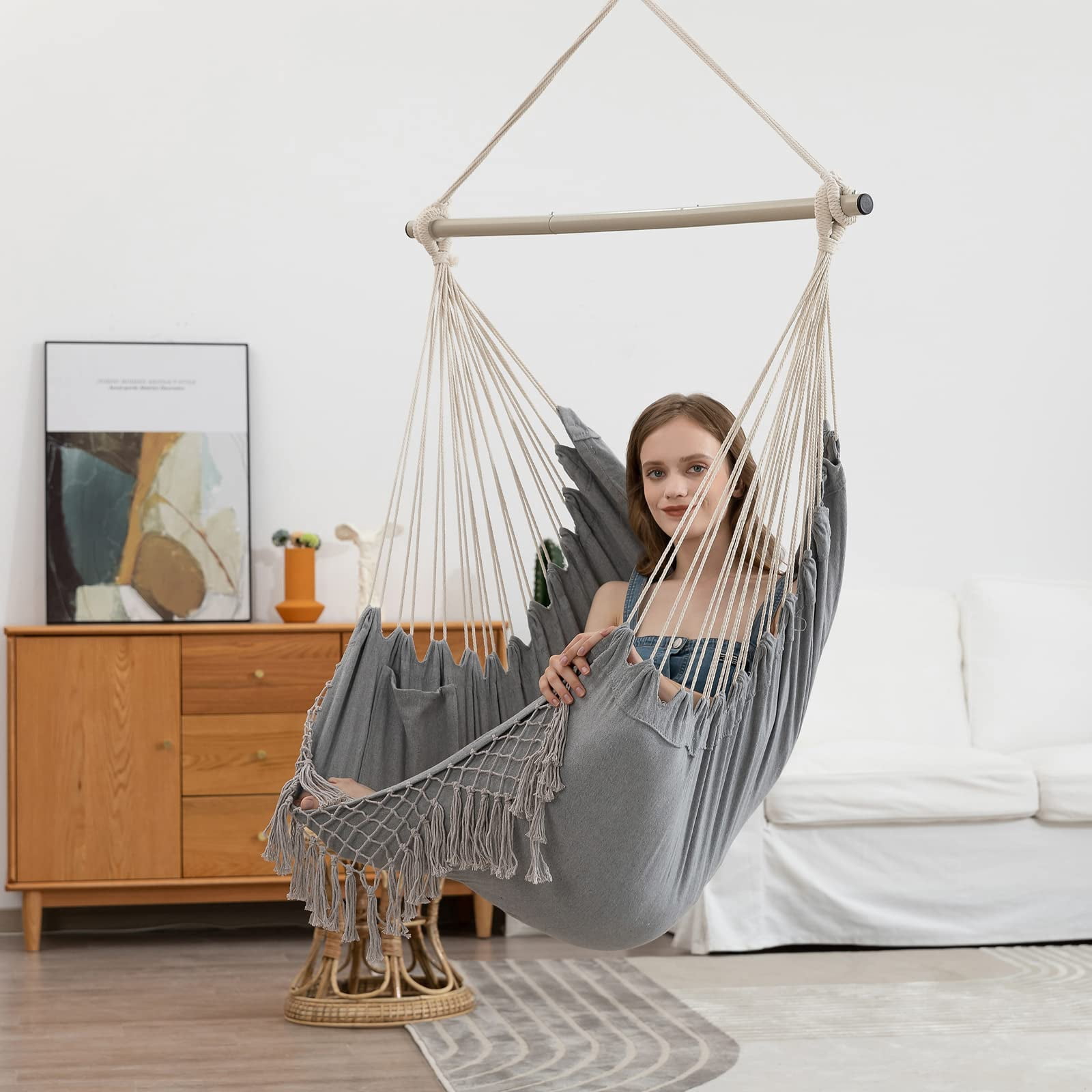 YAERSI Sturdy Lightweight Comfortable Hanging Rope Swing with Cushions, Gray