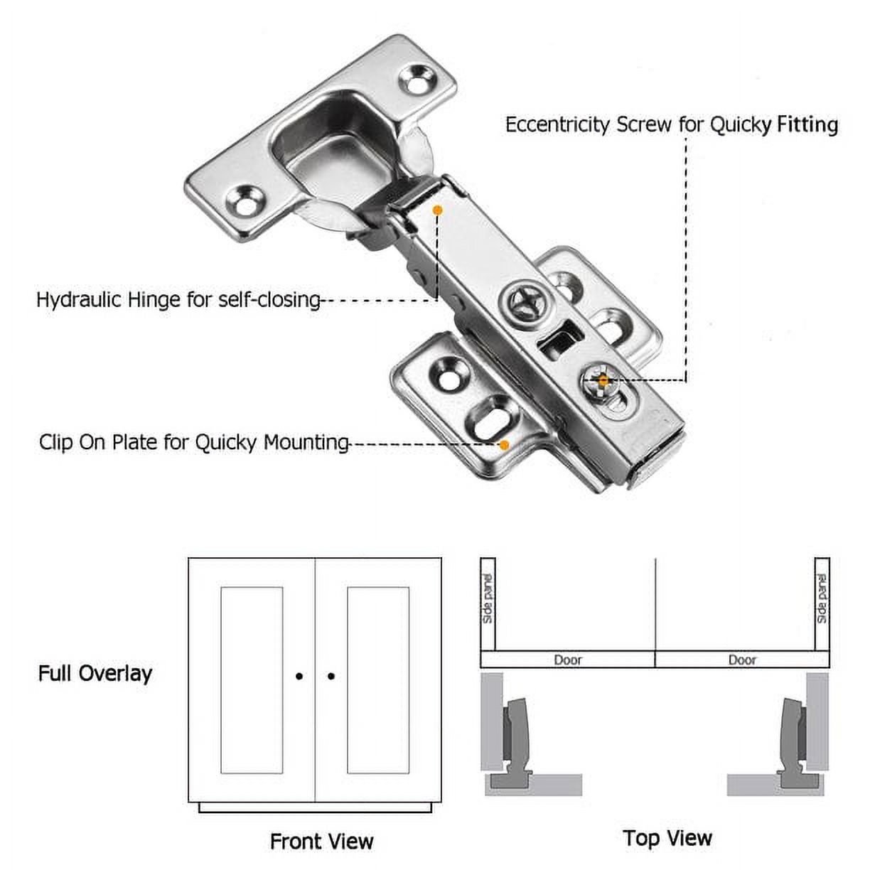 Luokim 20pcs Standard Cabinet Hinge,Fit for Frameless Cabinet,European Full Overlay,Soft Closing,Four-Hole mounting Plate Hinges,Nickel Plated Finish - image 5 of 7