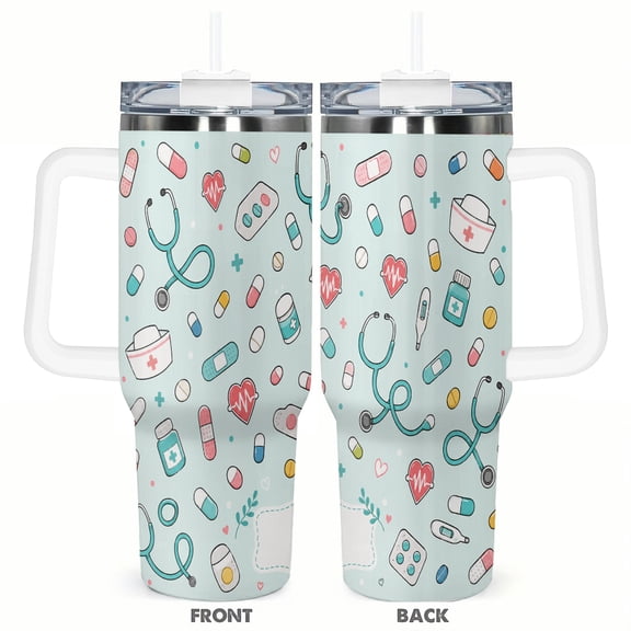 40oz Nurse Medical Theme Tumbler with Handle and Straw Stainless Steel Insulated Travel Coffee Cup Healthcare Worker Gift