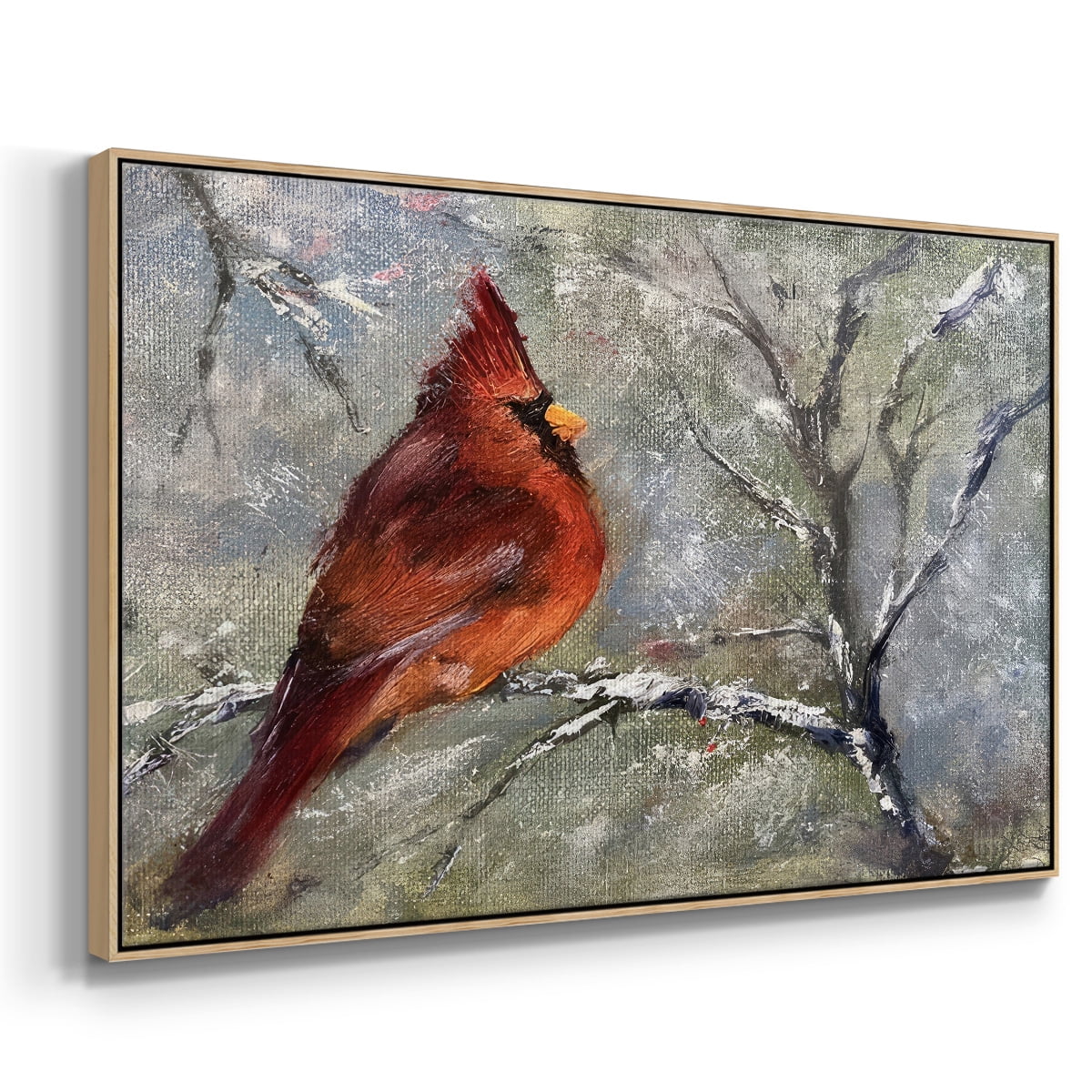 Cardinal in Snow II - Framed Gallery Wrapped Holiday Canvas - 25 x 37 - Natural Wood Frame