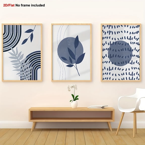 3pcs Decorative Paintings, 2D Flat Frameless Canvas Art, Navy Blue Wall Set with Plant Diagrams, Abstract Mid-Century Modern Design for Home Living Room and Bedroom, 2D Flat, Perfect for Room Decor,