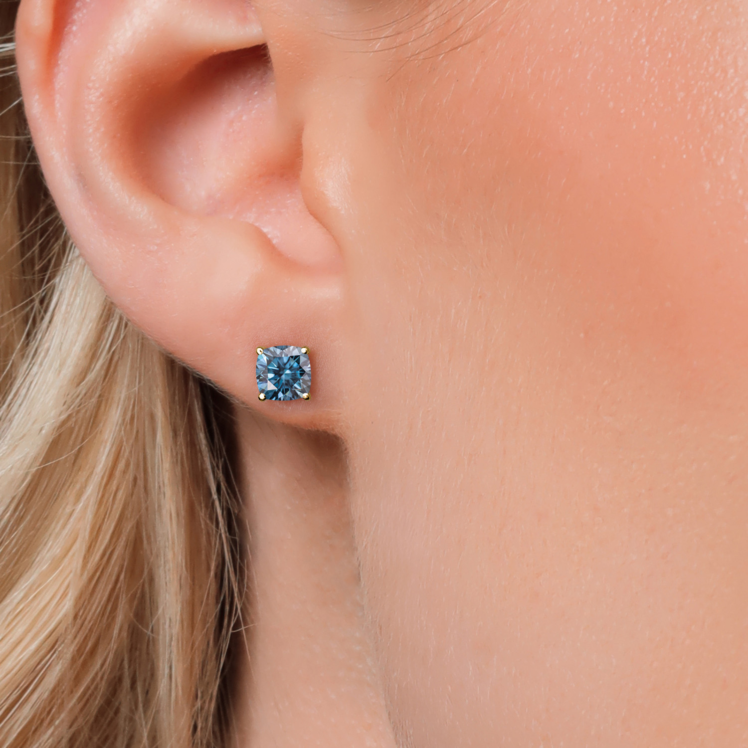 Gem Stone King 14K Yellow Gold Persian Blue Moissanite Double Notch Stud Earrings | 2.00 Cttw | Gemstone Birthstone | Cushion 6MM | Gold Earrings for Women Men