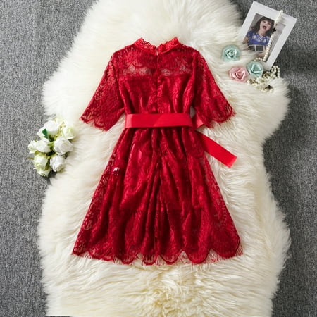 

Huyghdfb Girls Princess Dress with Waist Band 3/4 Sleeve Hollowed-out Lace Sundress