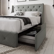 Allewie Full Size Bed Frame with 4 Storage Drawers and Button Tufted & Wingback Headboard, Light Grey