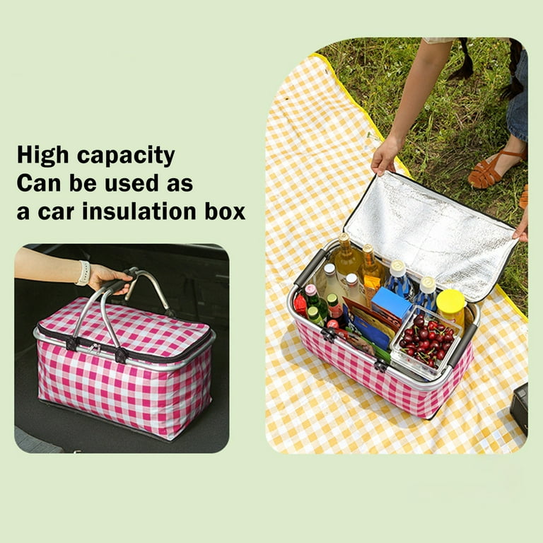 Cooling Basket Shopping Basket 26 L, Insulated With Zip, Foldable Picnic Basket, Folding Aluminium Alloy Frame With Handle, Padded Support Bar, For