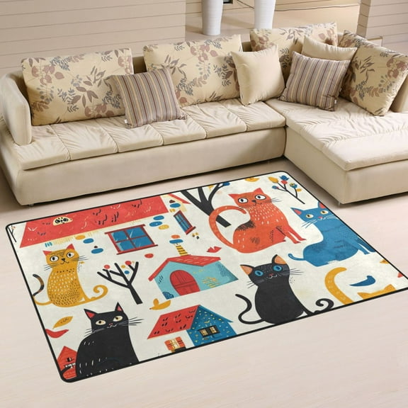 Cat Around Houses Area Rug Washable Floor Carpet Mat 60 x 39 inch for Bedroom Living Room Kids Room Home Decor
