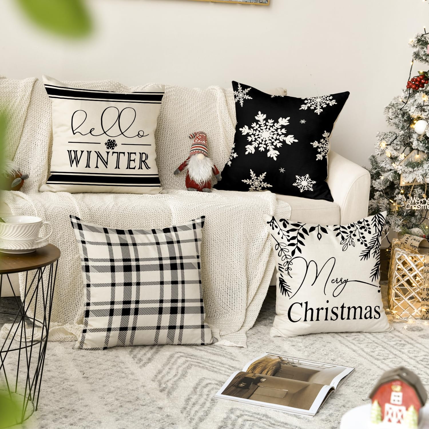 Smile Hello Winter Merry Christmas Pillow Covers 18 x 18 Set of 4 Square Xmas Decorative Farmhouse Outdoor Pillow Case