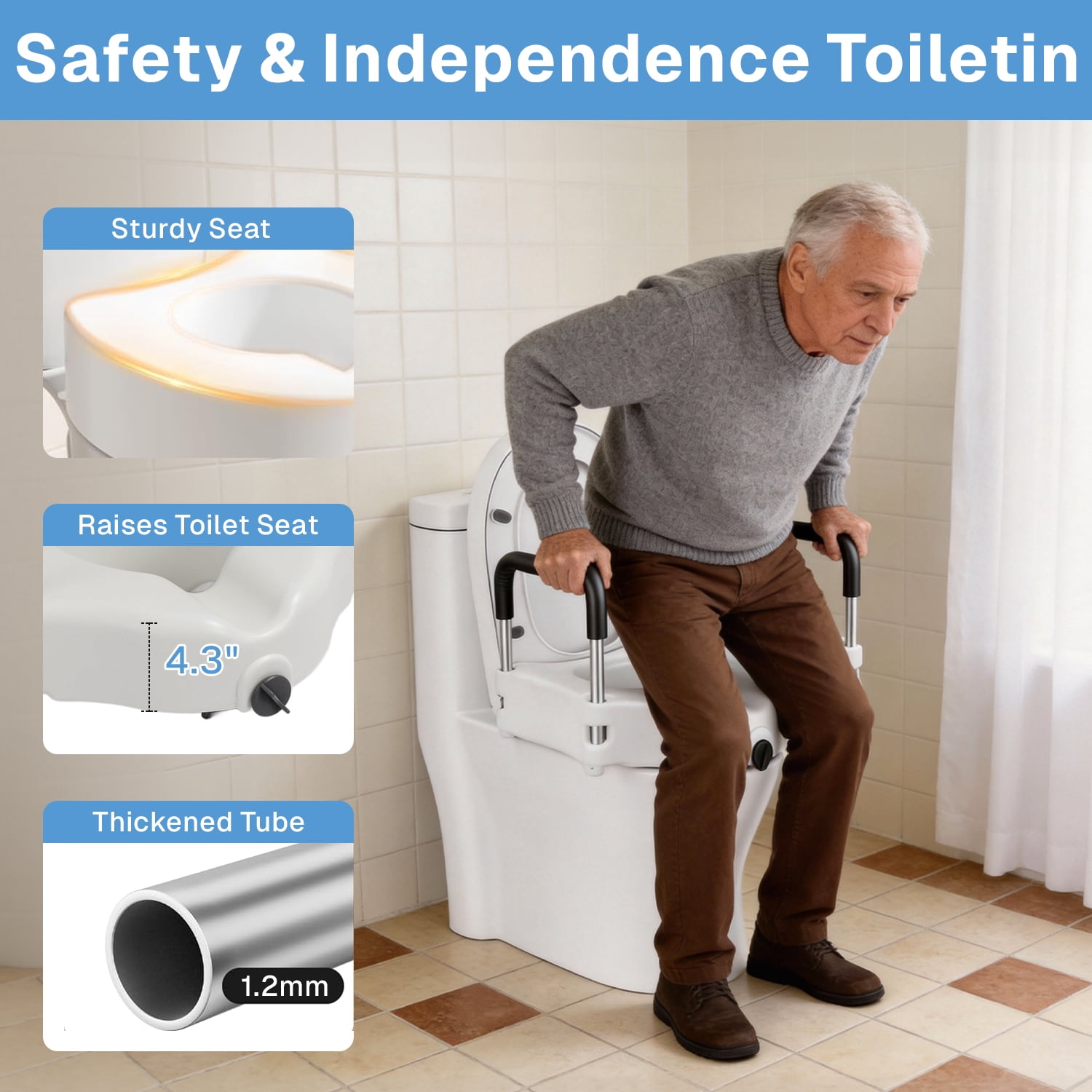 BN-LINK Raised Toilet Seat,Elevated Toilet Seat with Removable Padded Arms,Portable Toilet Riser for Seniors, Handicap, Bathroom Safety, 330 lb Capacity