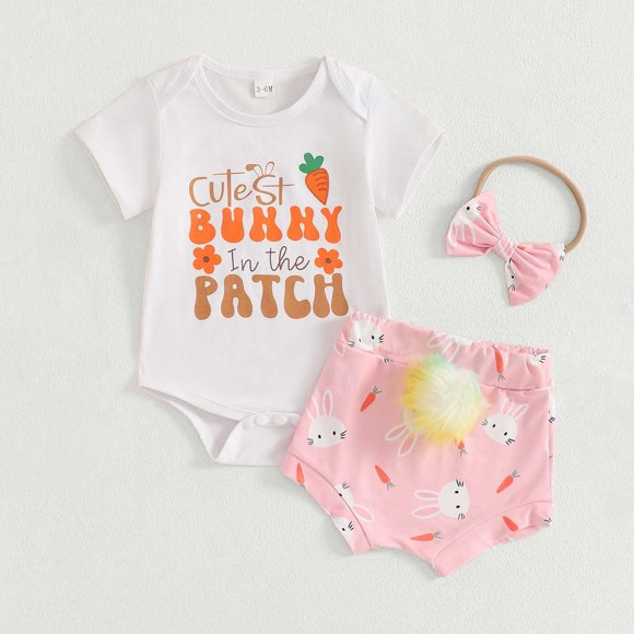 Hfolob Toddler Girl Clothes Outfits Easter Romper Shorts Infant Baby Letter Print Ruffle Short Sleeve Bodysuit Jumpsuits With Headband Cute 2 Piece Outfits 0-3 Months