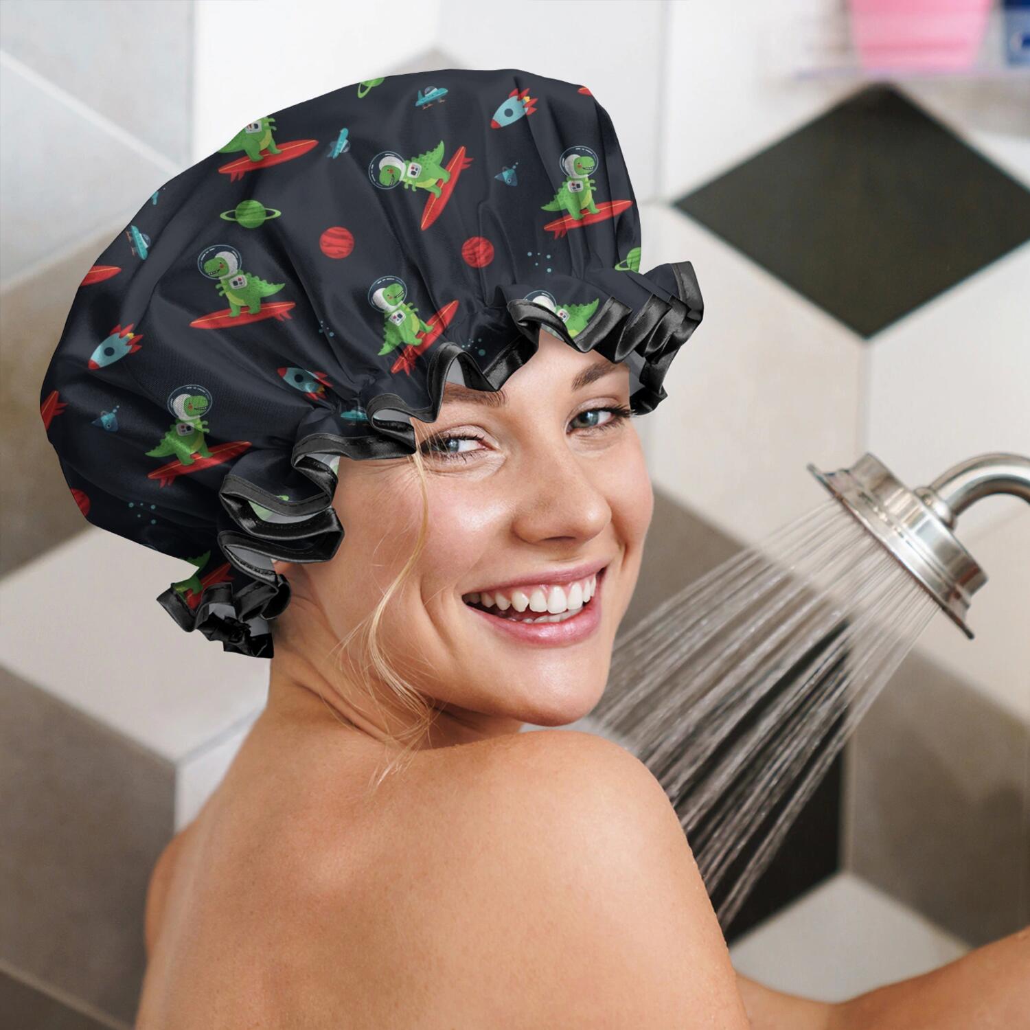 Shower Caps,Black Dinosaurs Space Surfing Pattern Waterproof Shower Cap for Women 4 Pieces,Double Reusable Hair Cover for Shower PEVA Elastic Stretch Hem