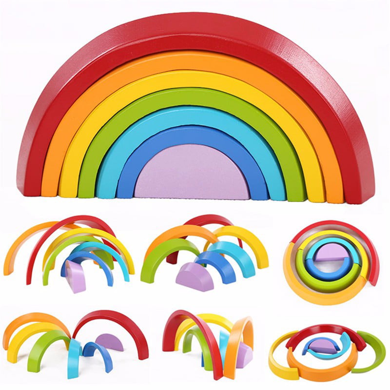 7Pcs Wooden Rainbow Stacking Nesting Blocks Educational Toy for Toddlers 