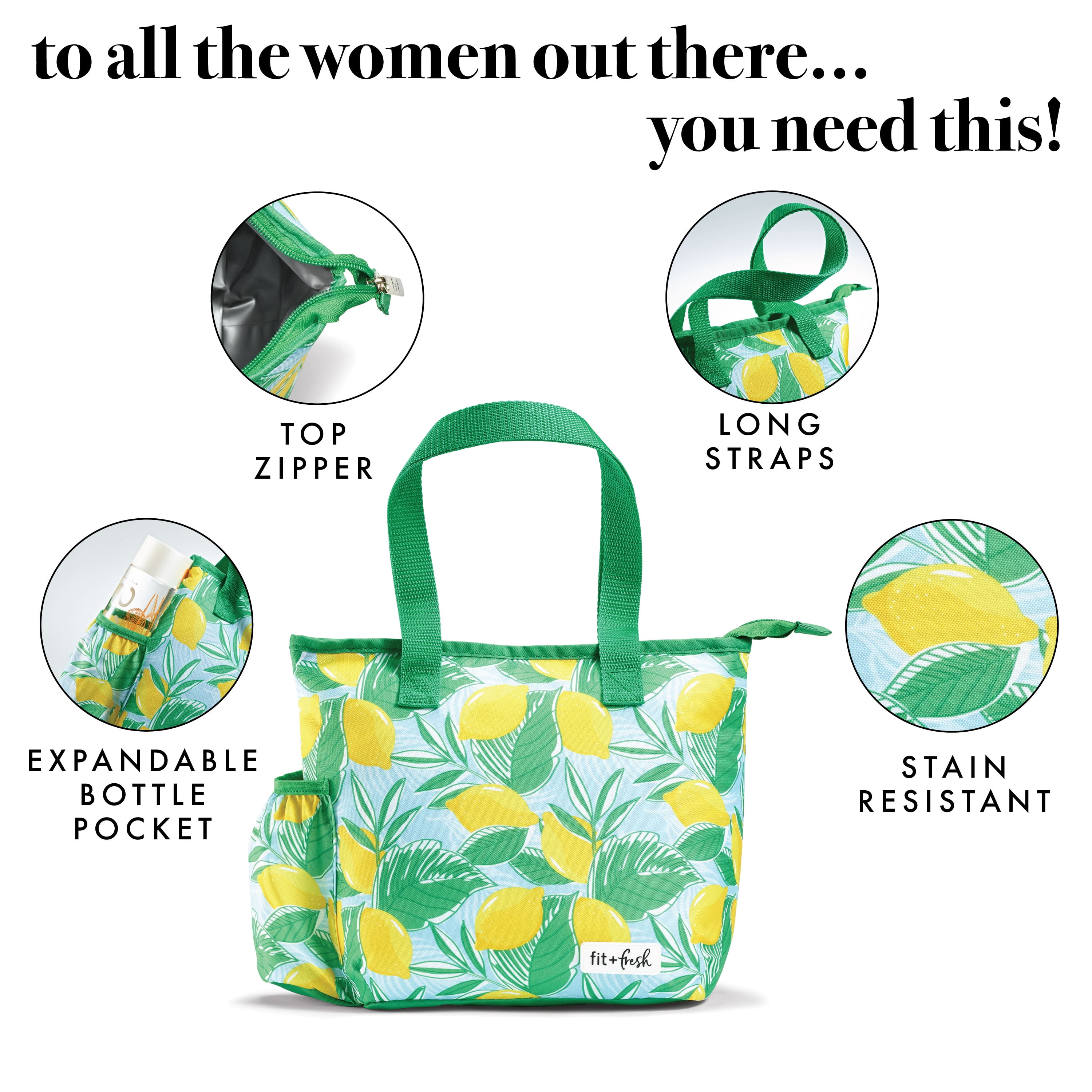 Fit + Fresh Insulated Lunch Bag for Women with Salad Container, Lemon Breeze, 7197FF2623