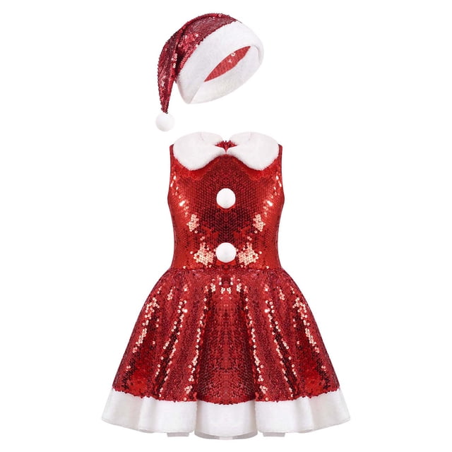 2-16Y Girls Christmas Santa Claus Cosplay Dress Shiny Sequin Tutu with Hat Xmas New Year Birthday Party Stage Performance Gown10 Gong Bohan LED