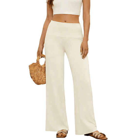 TEMOFON Women High Waist Pants Casual Stretchy Wide Leg Palazzo Lounge Pants Comfy Loose Fit Dress Pants Beige