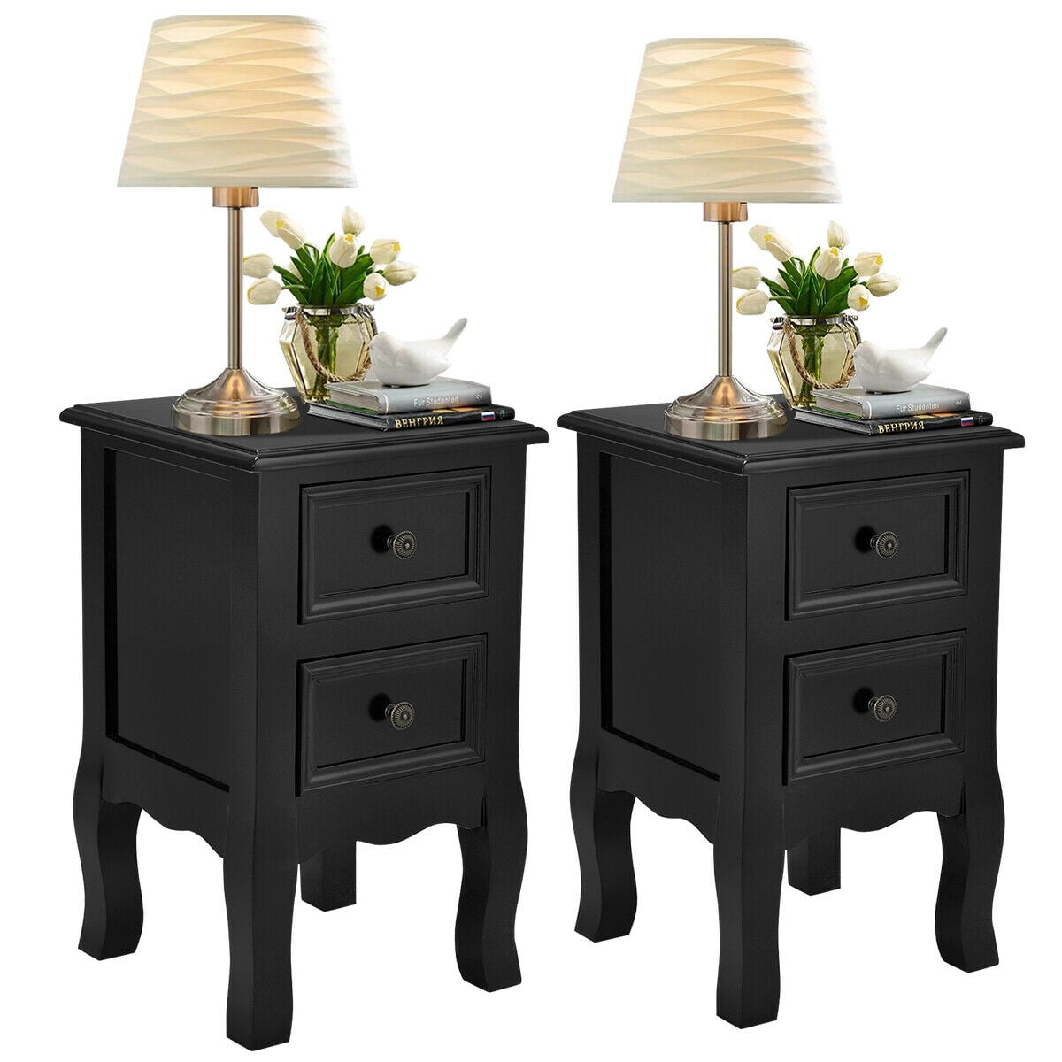 Costway 2PCS Black Night Stand w/ 2 Storage Drawers, Wood End Accent