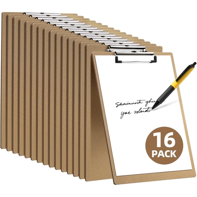 16 Pack Clipboard 8.5 x 11 Letter Size Clip Boards Bulk, A4 Wooden Hardboard Office Clipboards Pack for Classroom, Work-Meetings, Brown
