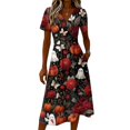thumbnail image 4 of Womens Short Sleeve V-Neck Halloween Wrap Dress Flowy Midi Halloween Print Casual Sundress Daily Outings Halloween Night Wedding Guest Wear, 4 of 5