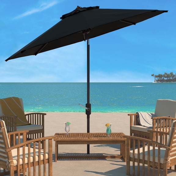 SAFAVIEH Herla 11' Auto Tilt Market Round Patio Umbrella, Black