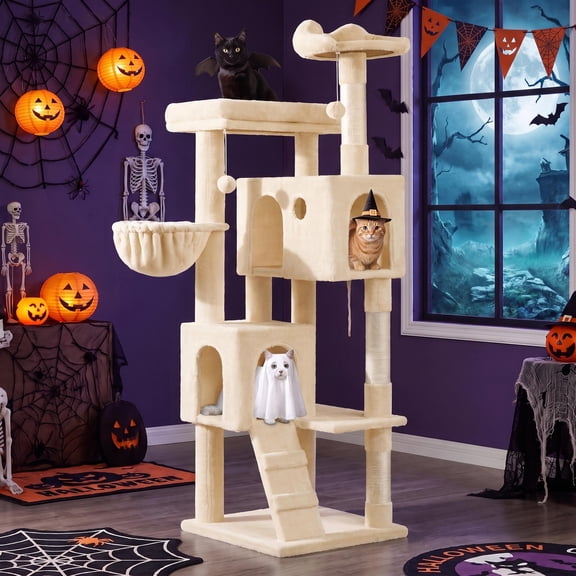 Merrland 64" Large Cat Tree Tower with Scratching Posts & Condo for Indoor Cats, Plush Basket & Scratching Ramp, Cat Furniture, Beige