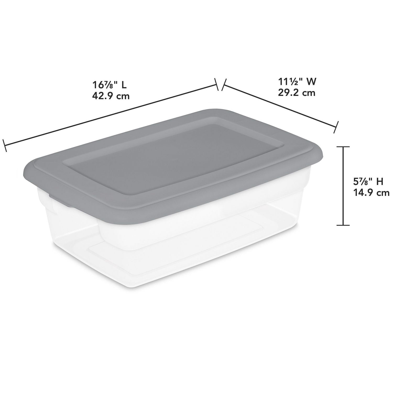 Sterilite Set of (4) 11.4 Liter Storage Box, Clear Plastic Storage Bins, Snap-on Lid, Grey