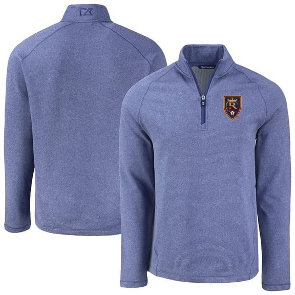 Men's-Cutter & Buck  Heather Blue Real Salt Lake Peshastin Eco Fleece Recycled Raglan Half-Zip Top