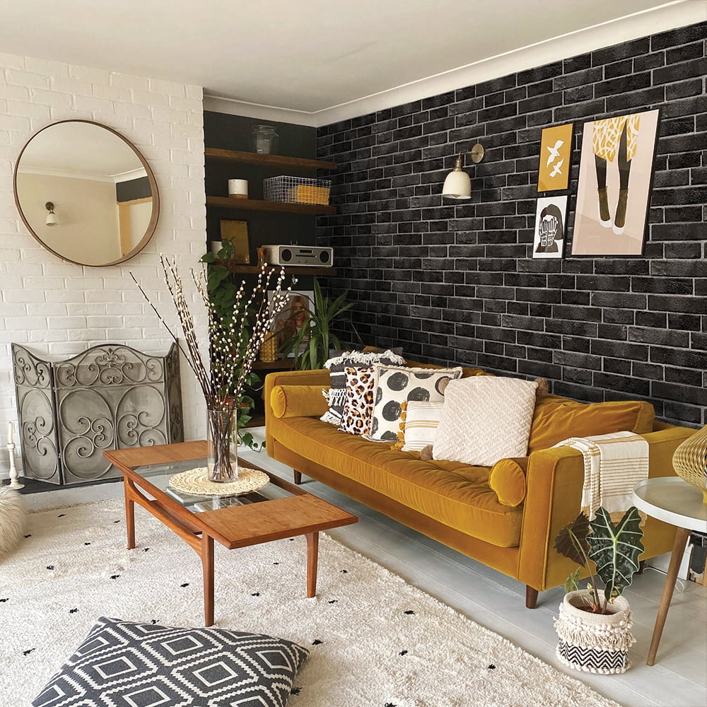 Tempaper Textured Faux Brick Black Peel and Stick Wallpaper, 20.5" x 16.5'