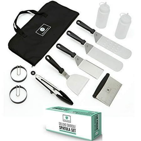 Green Grill Egg Professional Stainless Steel Griddle Cooking Kit - Grill Spatula Tongs Egg Ring Flipper Scraper Carrying Bag - Camping Tailgating Kitchen Outdoor BBQ - Grilling Hibachi Accessories - Metal Tool Set ()