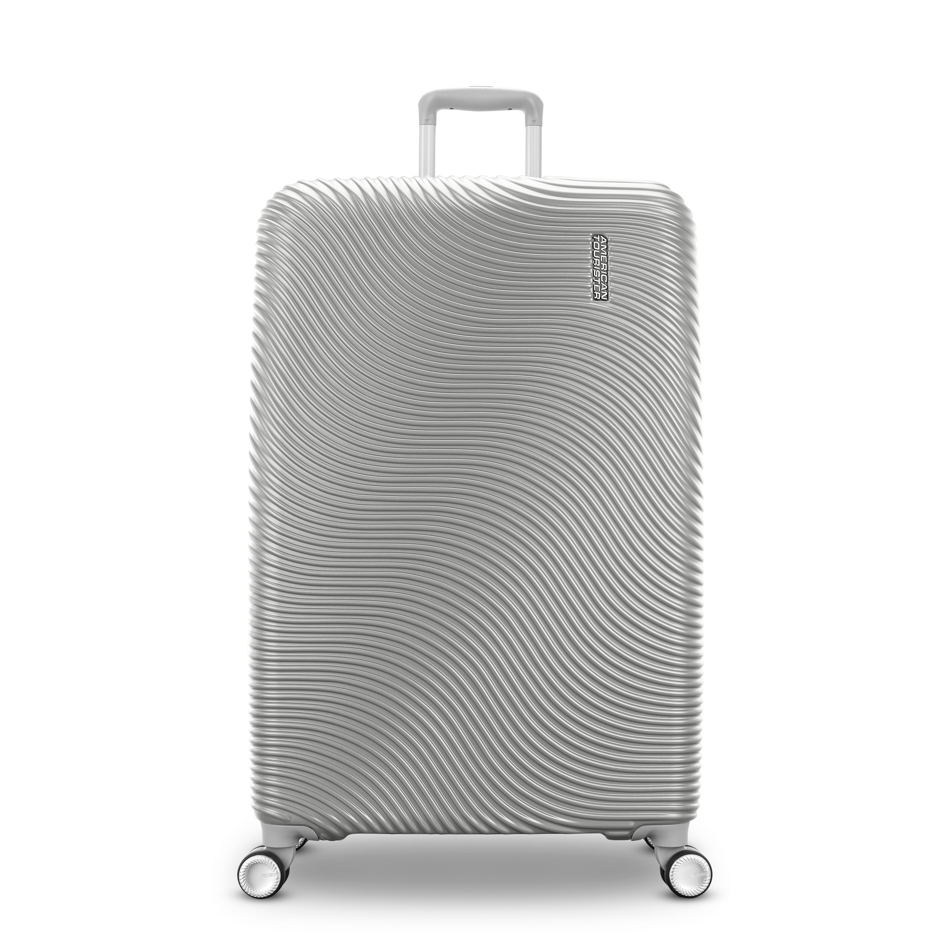 American Tourister Color Waves Large Checked Expandable Luggage Suitcase with Spinner Wheels, Silver