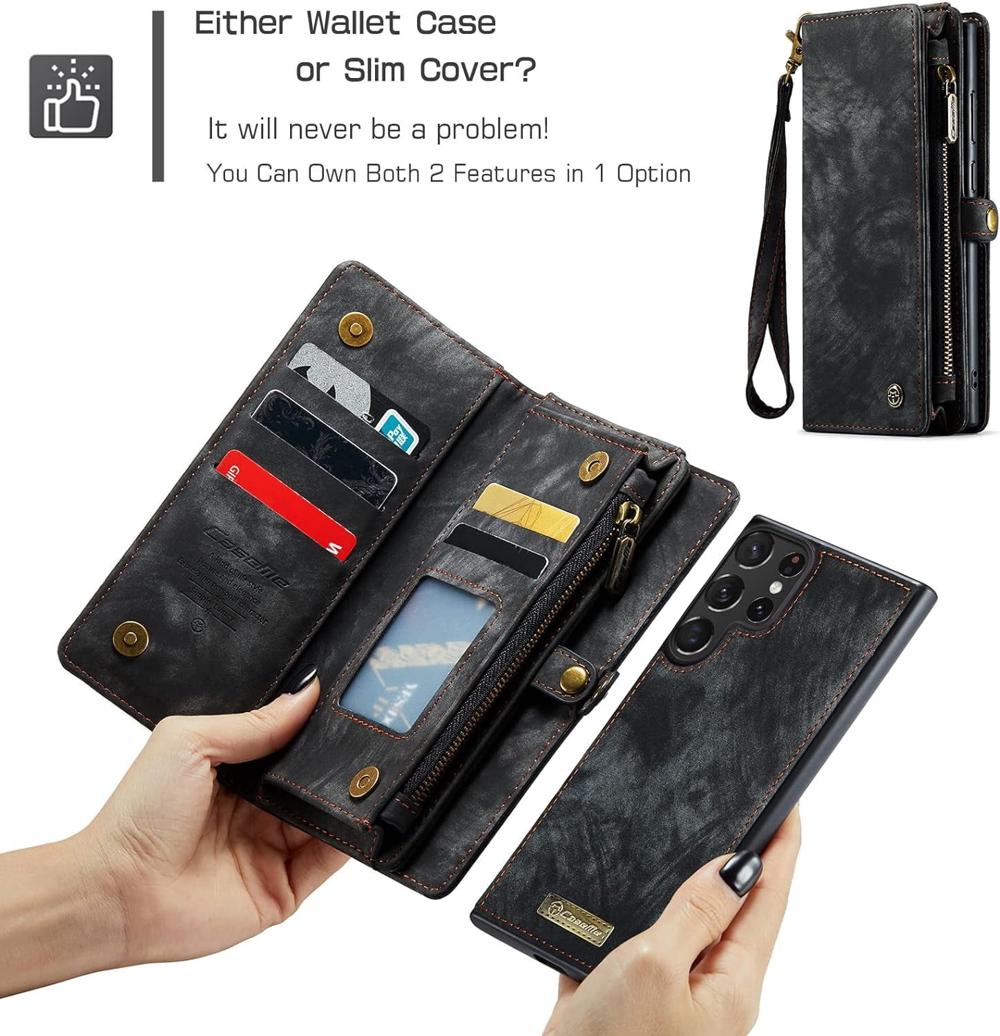 2 in 1 Detachable for Samsung Galaxy S23 Ultra Wallet Case with Card Holder, Retro Premium Flip Leather Cover  Zipper Pocket Phone Cases 6.8'' (Black,S23 Ultra)
