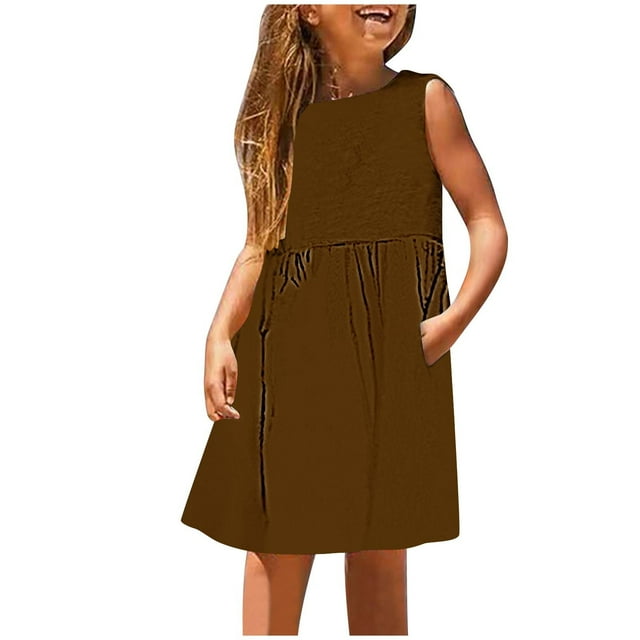 NiSHUIHAN Robe de Princesse pour Filles de 3 Ans Robe pour Enfants Petites Filles Quotidienne Vacances Imprimé Sans Manches Décontractée Mignonne Douce Robes Marron 5 Ans