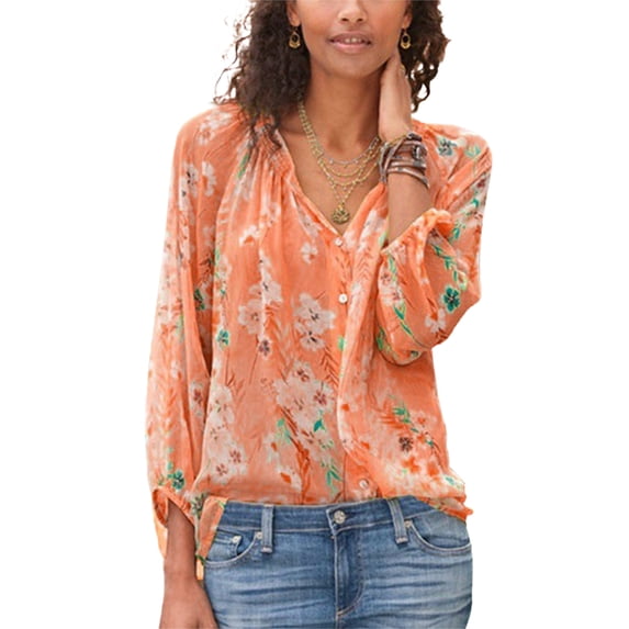 Powerdelux Women's Floral-printed Shirt Tee Button Mature Top V-neck Long Sleeve Blouse