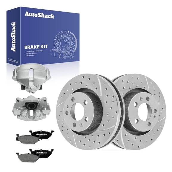 AutoShack Front Vented Drilled & Slotted Silver Zinc Coated Brake Rotors   Ceramic Pads   Calipers 8-PC Brake Kit Replacement for 2006 Volkswagen Jetta SilverShield Pro 11.02" (280 mm)