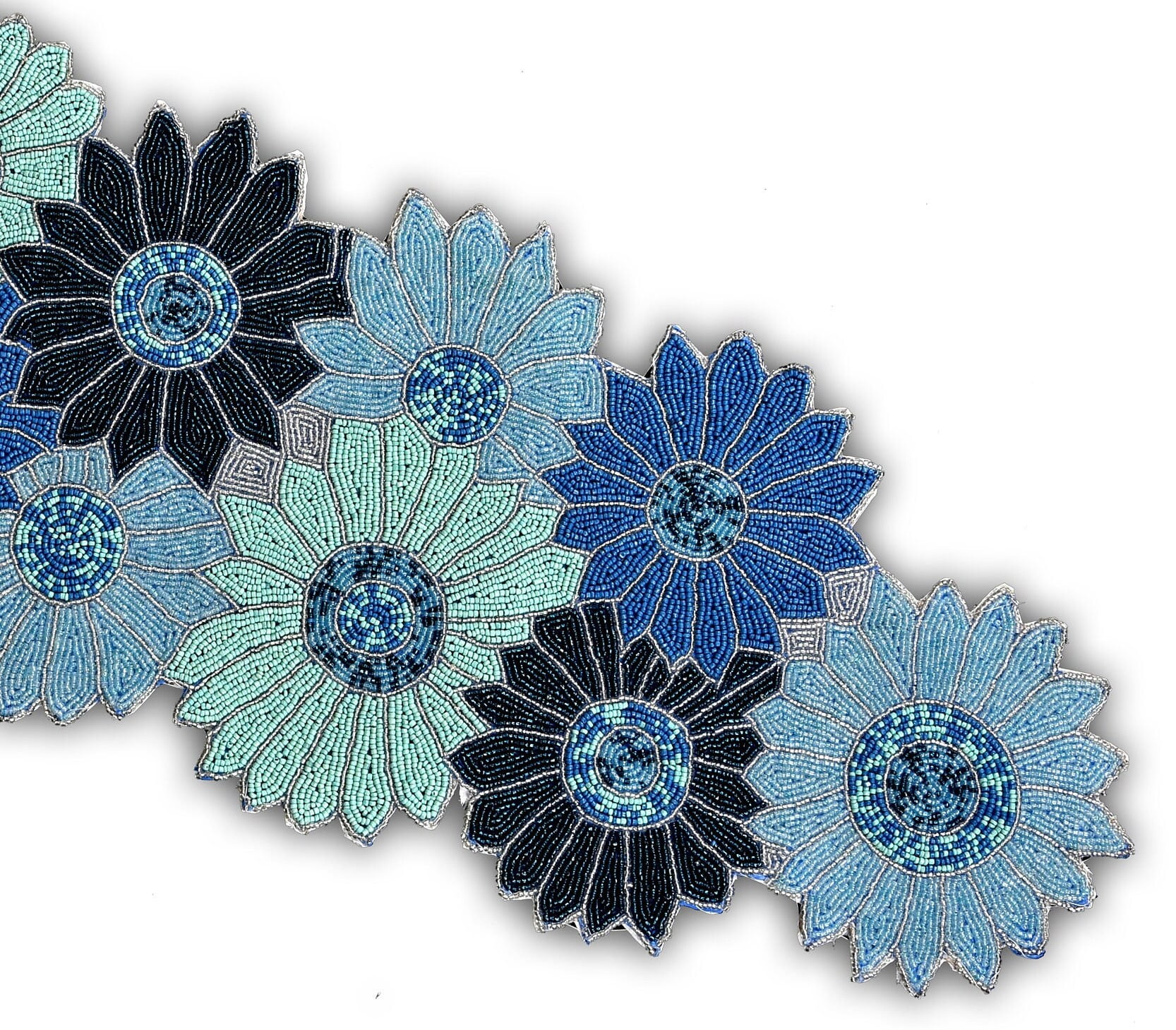 Handmade Beaded Table Runner, Blue Floral Table Runner, Spring Tableware 13X36 Inch