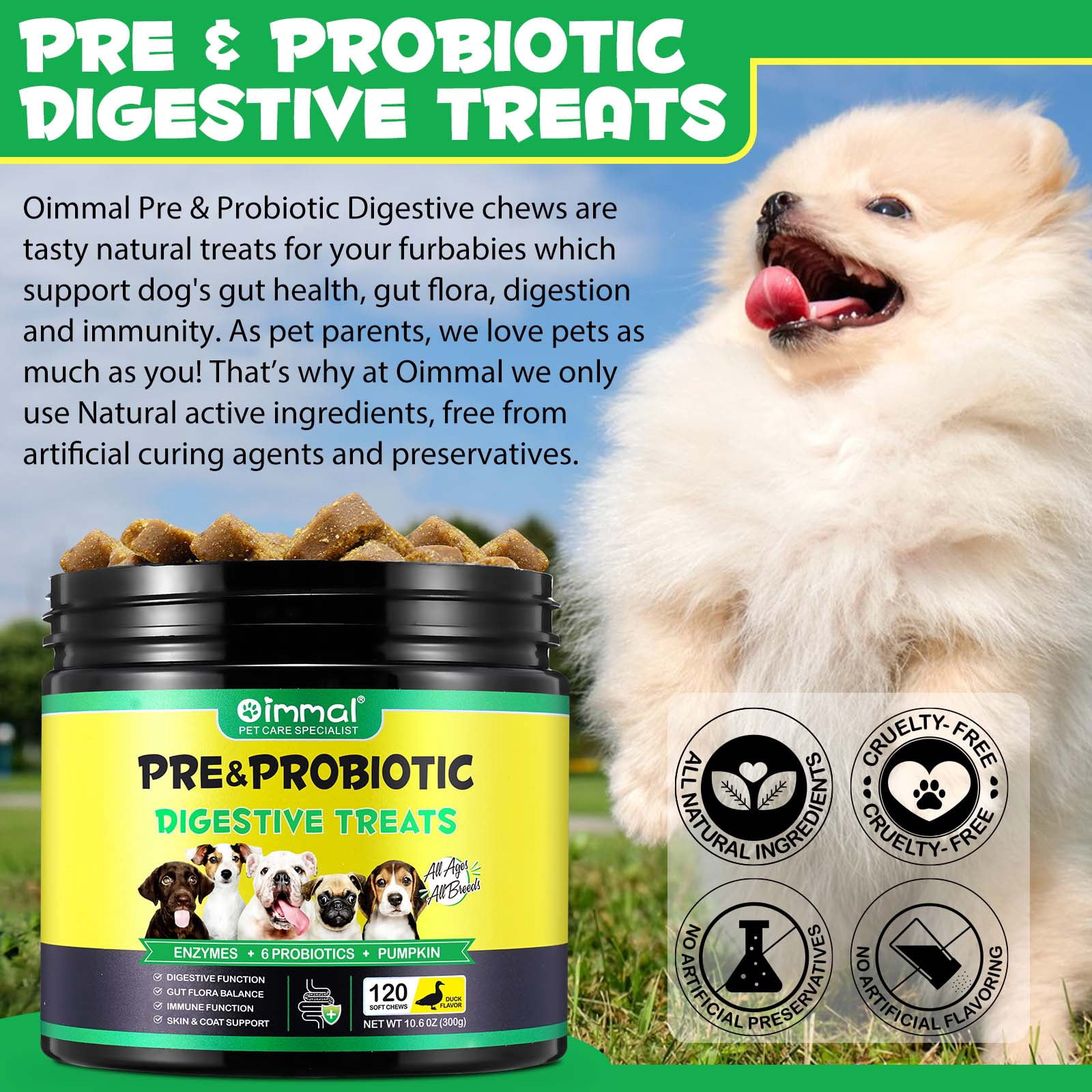 Oimmal Dog Pre and Probiotics Chews with Digestive Enzymes,for Gut Flora-Digestive Health-Immune Support-Allergy Itch Relief-Reduce Diarrhea,Gas,Bad Breath,240 Counts