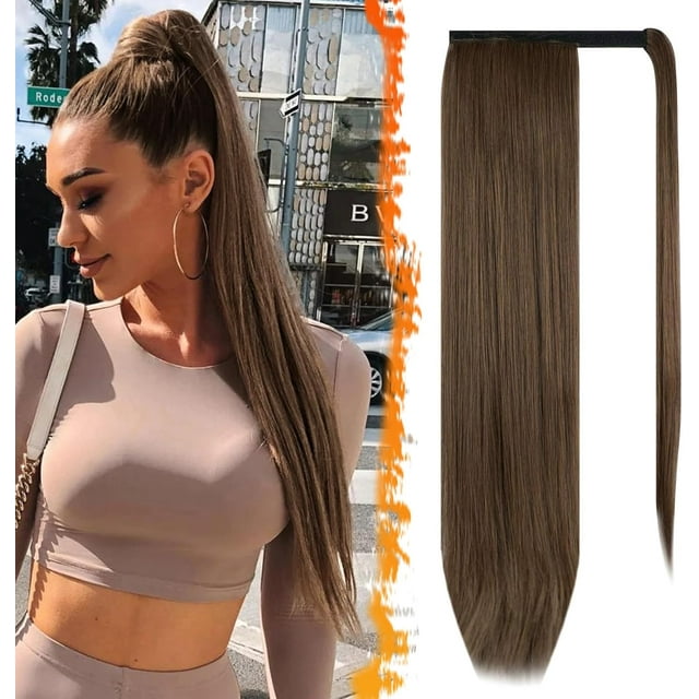 BARSDAR Rallonge de Queue de Cheval Droite Enveloppante Brun Doré - Rallonges de Cheveux Droites Enveloppantes de 28 Pouces de Long pour Femmes, Postiches Synthétiques à Clip dans les Queues de Cheval Brunes au Quotidien