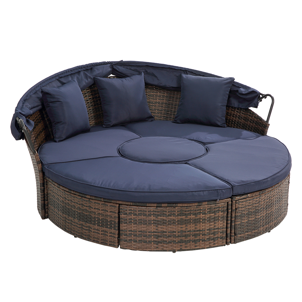 Outdoor Wicker Daybed, 5 Piece Patio Round Wicker Sectional Sofa Set with Retractable Canopy, All-Weather Patio Conversation Furniture Sets with Cushions for Backyard, Porch, Garden, Poolside, L3530 - image 2 of 9