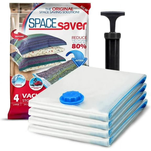 Spacesaver Premium Vacuum Storage Bags - 80% More Storage! Hand-Pump for Travel! Double-Zip Seal and Triple Seal Turbo-Valve for Max Space Saving! (Large, 4 Pack)