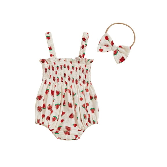 Baby Toddler Girls Summer Sweet Rompers 3 6 12 18 Months Sleeveless Fruit Print Cami Jumpsuit with Headband