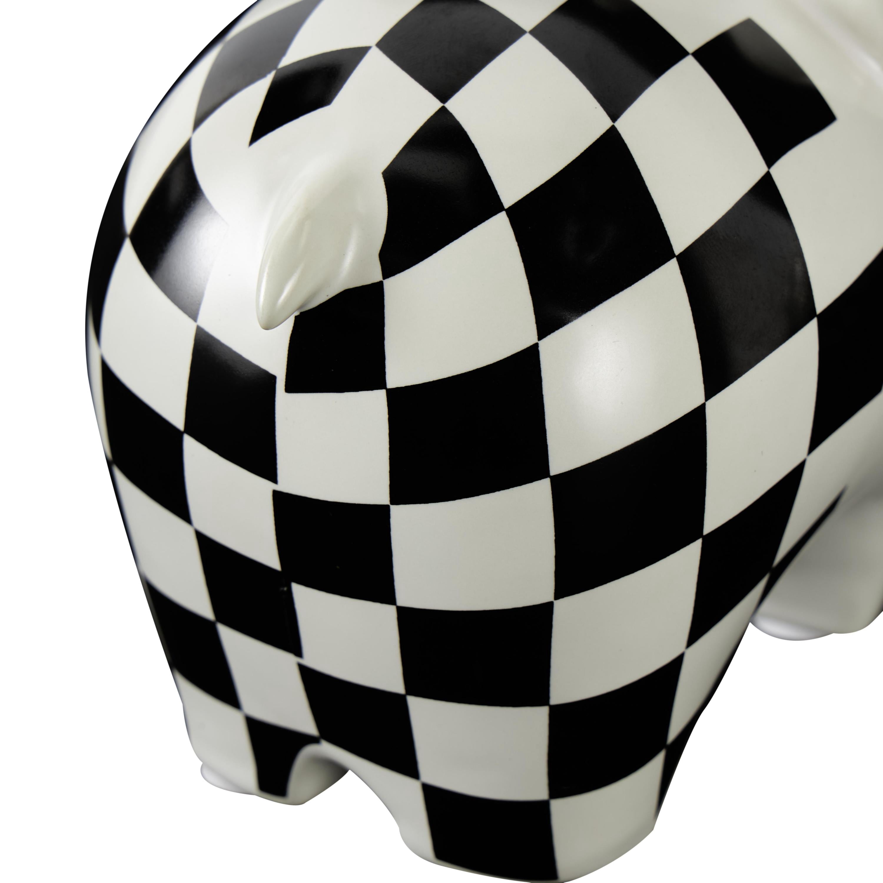 6", 7"H White Ceramic Small Elephant Sculpture with Checkered Pattern, by DecMode (2 Count)